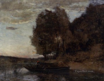 Jean Baptiste Camille Corot Painting - Pescador paseando en bote por un paisaje boscoso al aire libre Romanticismo Jean Baptiste Camille Corot